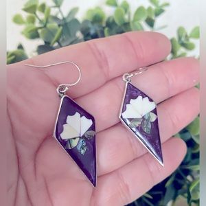 Mexican Alpaca Silver Dangle Earrings Artisan Earrings Vintage Purple Enamel